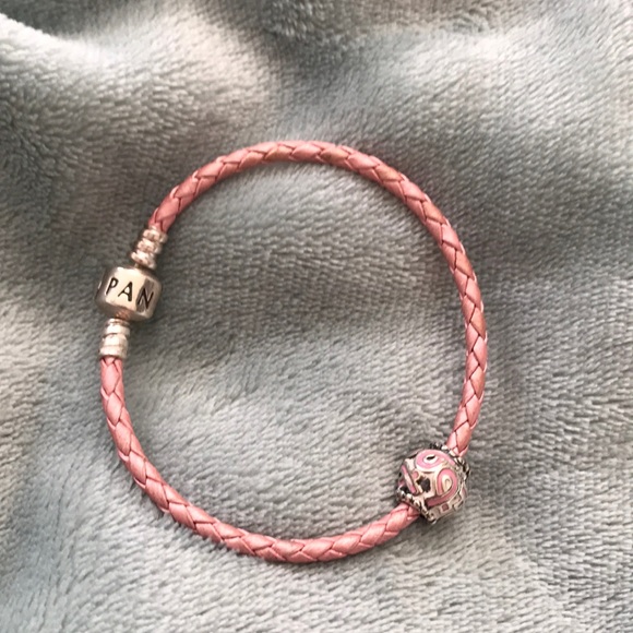 Pandora Jewelry - Pandora leather Pink bracelet & Awareness charm.